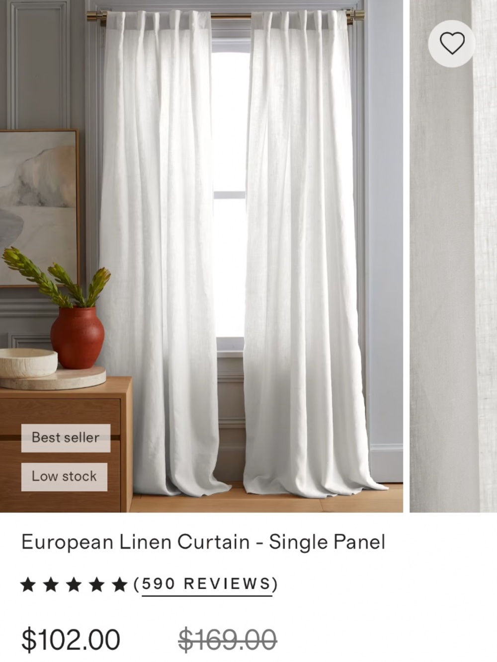 *NWT QUINCE Set Of 2 48x108 European Linen Curtains Cream 8392